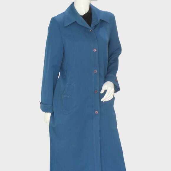 Vintage Forecaster of Boston Blue Trench Coat 1970's Minimalist Long Jacket M/L - Picture 1 of 11